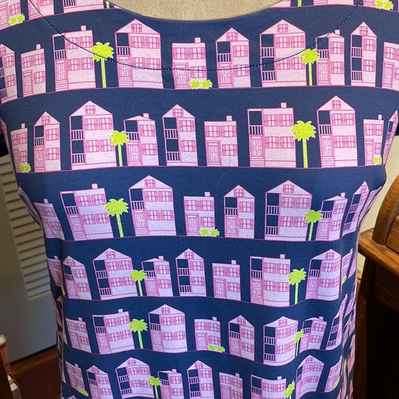 House Hunting print shift dress, pink houses on blue, designed by Borough - Picture 2 of 7